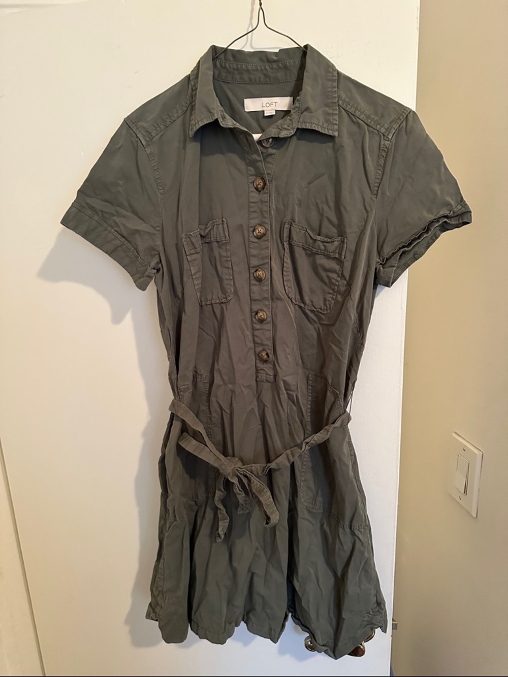 LOFT Olive Utility Shirt Dress with Tie Waist